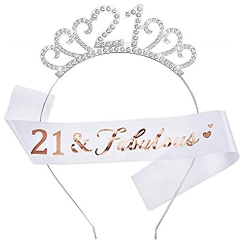 Suithink 21th Birthday Tiara and Sash, 21 Fabulous Glitter Satin Sash and Crystal Tiara Birthday Crown for Women 21th Birthday Party Decorations Cover