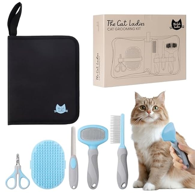 The Cat Ladies Cat Grooming Kit - 5 Piece Brushes Kit - With Comb and Matted Fur Undercoat Deshedding Cat Hair Brush for Long Haired Cats or Short Haired Kittens or Bunny Rabbits-bw9dLdqO