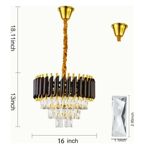 Image of DREAMY DESIGNS Chandelier Lights for Ceiling Black Gold 400 MM 3-Tier Crystal Chandeliers for Living Room with 3 Mode LED Light Plate for Hall Modern Jhumar Designer Bedroom and Dining Room