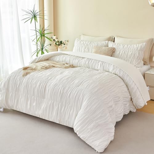 PERFEMET White Bedding Full Size Set, 5 Pieces Fluffy Ruched Comforter Set (79"x90"), Luxury Soft Boho Chic Ruffled Bed in a Bag with Sheet, All Season Farmhouse Pleated Texture Bed Sets(White, Full) by PERFEMET - Used condition - CA$53.10