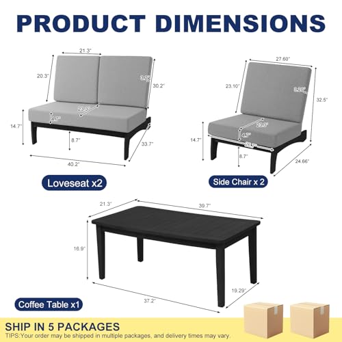 Image of Pia Ricoo 4 Piece Patio Furniture Sets, Outdoor Loveseat Sofa Set with 2 Chairs & Coffee Table, Patio Conversation Set for Backyard, Deck, Lawn, Gray, Dark Wood