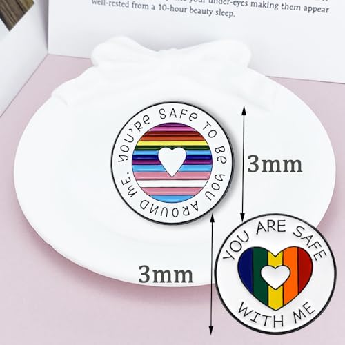 Image of Round Rainbow Enamel Brooch For Women Men, You're Safe To Be You Around Me Badge Pin with Inspirational Quote Lapel Brooches for Clothing Bags Backpacks Jackets Hat Accessory Decoration Jewelry Gifts