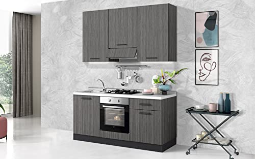 Dafne Italian Design Cuisine complète d'appareils électroménagers (four, évier, hotte de cuisson) style industriel - cm. 180 x 60 x 240 - iron gris - évier gauche