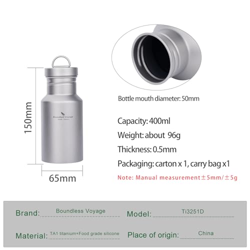 iBasingo 400ml Titanium Water Bottle, Ultralight Single Layer Cycling Drinking Flask, Leak-Proof, Wide Mouth for Outdoor Camping Sport Hiking Picnic Climbing Running Backpacking, Non-coating Ti3251D - Image 2