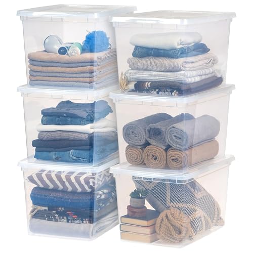 Image of IRIS USA 12-Pack Storage Bins with Lids, 68 Quart, Clear Stackable Containers Box Organize Shoes Closet Shelves Clothes Blankets Towels - BPA-Free Plastic