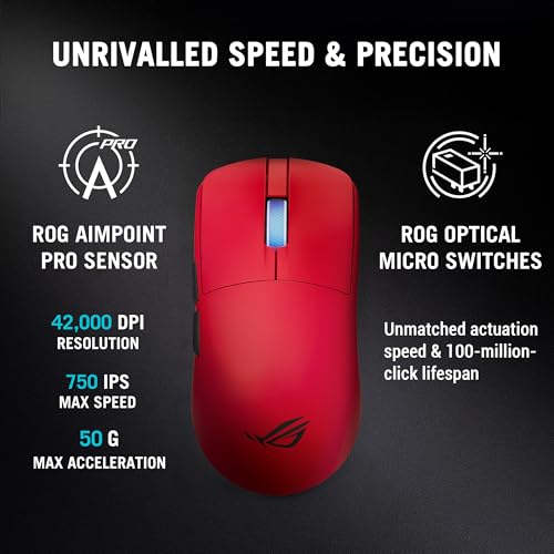 Image of ASUS ROG Harpe II Ace Wireless Esports Gaming Mouse - Pro-Tested, Right-Handed, 48g Lightweight, Tri-Mode Connectivity, 42K DPI, 8K Polling, 101Hr Battery, Web-Based Tool, PC /Mac Support - Lava Red
