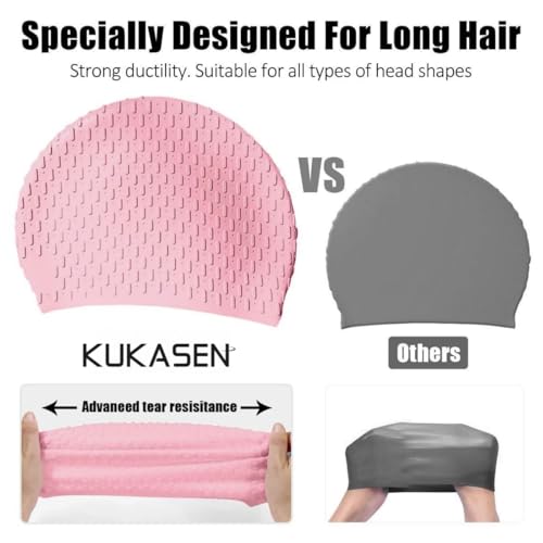 Silicone Swim Cap for Women Long Hair – 3D Non-Slip Design, Durable Tear-Resistant Waterproof Bathing Cap for Adults (Pink)