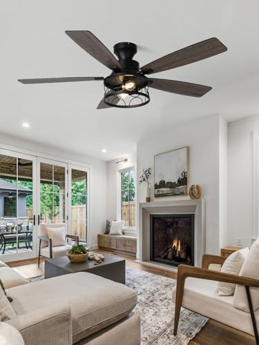 Image of 52 Inch Flush Mount Farmhouse Ceiling Fan with Lights and Remote | Rustic Fandelier Black Metal Caged Chandelier Fan, 5 Dual Blades, Reversible Quiet DC Motor 6 Speed, for Bedroom Living Room
