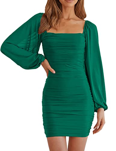 Image of MEROKEETY Women Square Neck Lantern Long Sleeve Mesh Ruched Bodycon Clubwear Mini Dress
