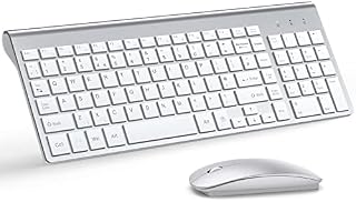 Wireless Keyboard and Mouse Ultra Slim Combo, TopMate 2.4G Silent Compact USB 2400DPI Mouse and Scissor Switch Keyboard Set with Cover, 2 AA and 2 AAA Batteries, for PC/Laptop/Windows/Mac-Silver White