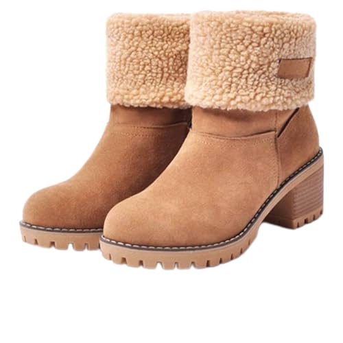 CLOUDEMO Winter Boots for Women, Women's Chunky Heel Round Toe Snow Boots, Seniors' Chunky Heel Winter Boots, Comfortable Mid Chunky Heel Suede Warm Fur Lined Boots