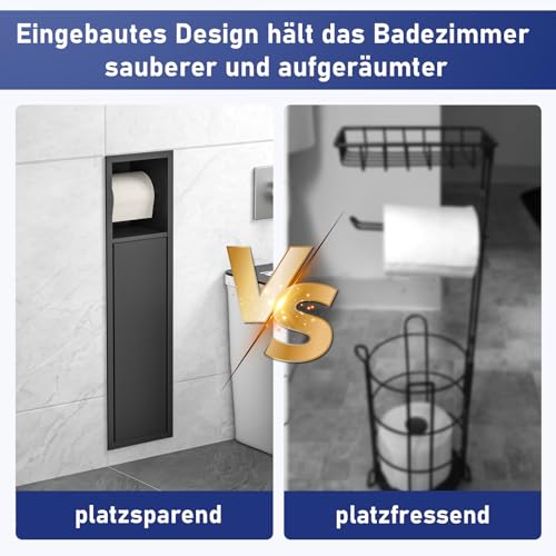Bernkot Unterputz Toilettenpapierhalter Edelstahl Mit Schiebetür, Badezimmerschrank mit Toilettenpapierhalter für die Klobürstengarnitur, Schwarz, 66x18x15 cm