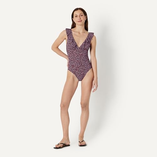 Amazon Essentials Women's Ruffle V-Neck One-Piece Swimsuit, Brick Red Lilac Leopard, Small - image 5
