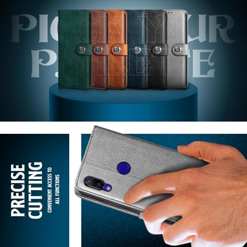 Image of WOW IMAGINE Shock Proof Flip Cover Back Case for Xiaomi Mi Redmi Note 7 | 7 Pro | 7S (Magnetic Button Flip Case | Wallet Pockets & Stand | Leather Finish | Stone Grey)