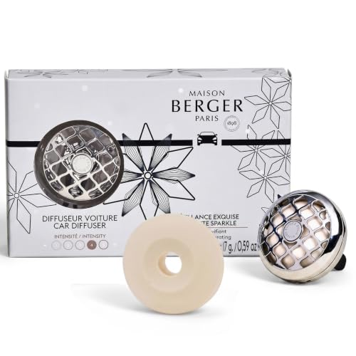 Image of MAISON BERGER Car Diffuser Set, Rosalie Exquisite Sparkle | Sparkling Grapefruit Rose Notes, Refillable Vent Clip with Ceramic Refill, Passive 4-Week Diffusion, Made in France