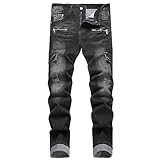 JUNBAOSS Men's Biker Zipper Deco Washed Straight Fit Jeans Mens Slim Fit Jeans Ripped Jeans for Men Distressed Destroyed Stretch Skinny Jeans Elastic Denim Pants Trousers, Black 6803, Size 36