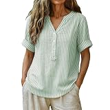 Bauzuoyo Camisa larga para mujer, a rayas, elegante, cuello de pico, manga corta, transpirable, informal, con botones, para verano, informal, bohemia, hippie, para negocios, ocio, uso diario, verde