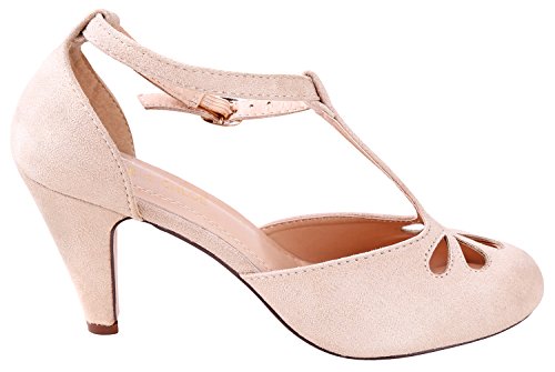 Chase & Chloe New Kimmy-36 Women's Teardrop Cut Out T-Strap Mid Heel Dress Pumps (8 M US, Nude Suede)2