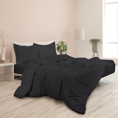 ROYALE Black Duvet Cover Queen Size - Washed Duvet Cover Set, 3 Piece Double Brushed Duvet Covers with Button Closure & Corner Ties - 1 Duvet Cover 90x90 inches and 2 Pillow Shams - Comforter Cover