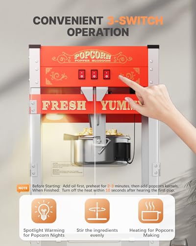 Image of 20 oz Commercial Popcorn Machine Cart, Upgraded Popcorn Maker Machine with Stainless-Steel Kettle Makes Up to 80 Cups, Movie Theater Pop Corn Machine with 3-Switch Control, Red