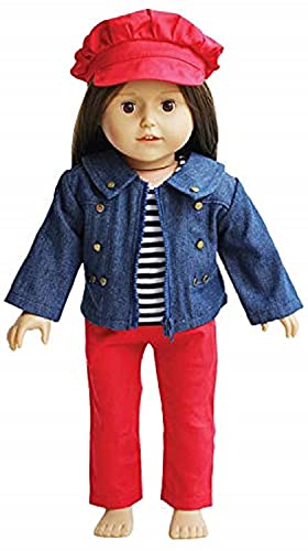 Jeans Doll Outfit for 18 inch Dolls - Denim Jacket with Striped Tee, Red Pants and Hat Fits 18 Inch Dolls - American Girl Doll Clothes