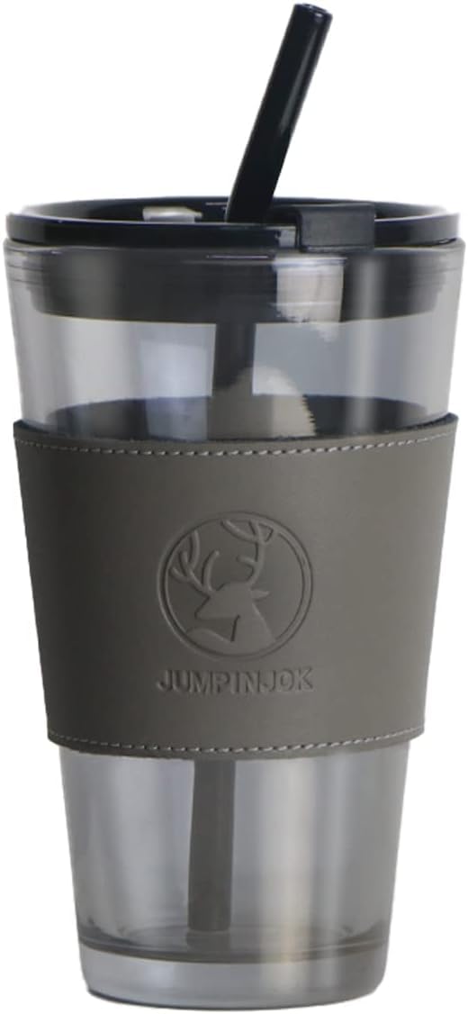 KELVEE Glass Coffee Tumbler With Leather Grip Pack Of 1, Clear Drinking Glasses Sipper Mugs With Straws And Lids For Iced Tea, Juice, Cocktail, Smoothies Cold & Hot Drink Cups (Grey Black), 400 ML (B0CK5WPP5L) Amazon Price History, Amazon Price Tracker