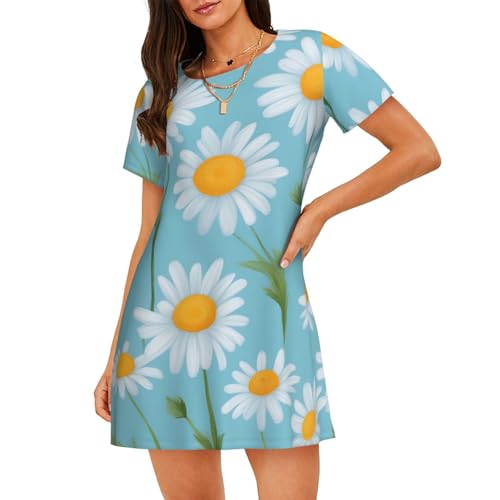 Chemise de nuit manches courtes femme bleu clair imprimé marguerite