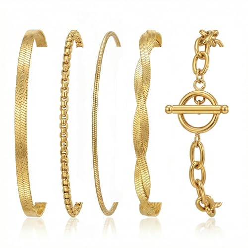 RINHOO Gold Chain Bracelets Set for Women - Trendy Paperclip Snake Link Layered Bracelets 18K Gold Plated Stainless Steel Stackable Wrist Jewelry Aesthetic Preppy Gifts (Gold-Style 3, 5) - image 1