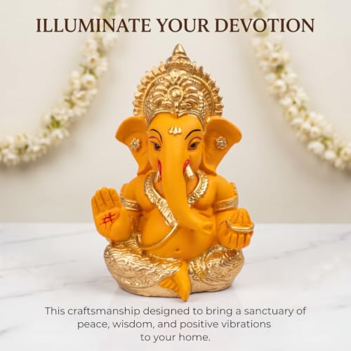 Image of Golden Legacy Orange and Gold Ganesha Idol - 3.5 Inch Divine Seated Ganpati Statue with Premium Finish for Home Mandir, Office Desk, and Car Dashboard - Auspicious Vastu Home Decor and Spiritual Gift
