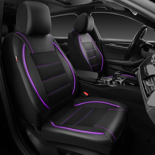 CAR PASS Universal FIT Piping Leather Two Front Seat Covers Waterproof Faux Leather for SUV Sedan Van Truck Airbag Compatible Reserved Opening Holes for Headrest Covers(Black and Purple)