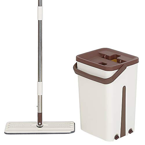 Cubo y escoba de fregona, fregona plana para el hogar, juego de fregona y cubo que incluye 1 varilla de fregona, 1 Cuero, 2 cabezales de microfibra reutilizables (A*Color café)