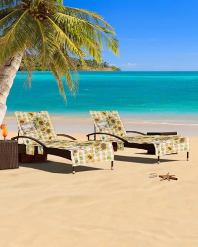 Sunflower Orange Beach Chair Cover with Side Pockets, Microfiber & Quick Dry Pool Chaise Lounge Chair Towels Covers for Sun Sunbathing Patio Garden Hotel, Spring Floral Farmhouse Plaid Checkered