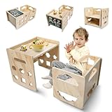 Montessori Weaning Table and Chair Set, Wooden Toddler Table and Chair Set, 1-3 Age Kids Table and Chairs with Blackboard & 3 Heights Adjustable for Eating & Drawing & Reading
