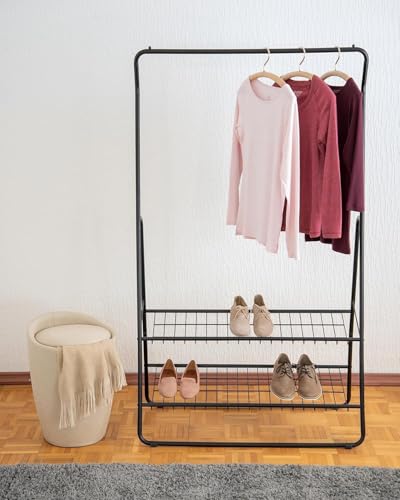 Image of Lukzer Black Coat Hanger Stand with 2 Bottom Shelves - Portable Clothes Garment Rack for Closet, Bedroom, Entryway - Heavy Duty Organizer with Angled Shelf for Home & Shop Display (160x93x47cm) CH-077