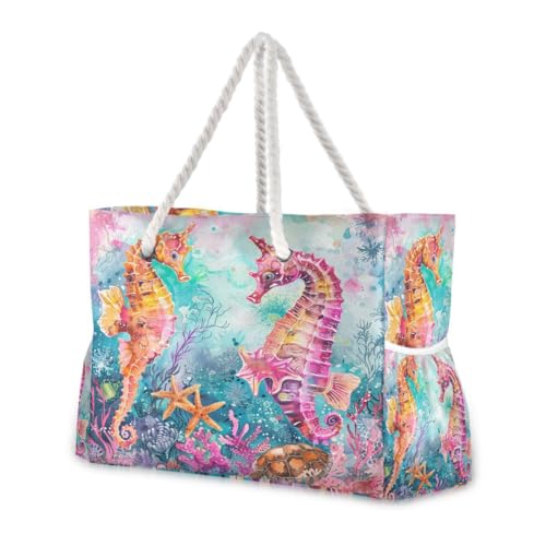 Image of Beach Tote Bags for Women, Turtle Flower Starfish Large Beach Shoulder Bag Pool Bags Purse