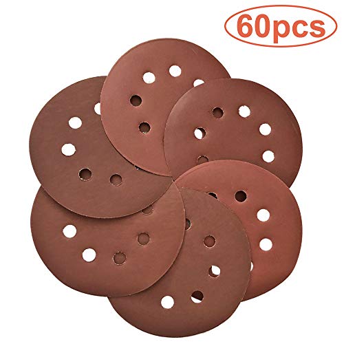 60 Pcs Sanding Discs 5 inch 8 Holes Hook and Loop Sandpaper Disc