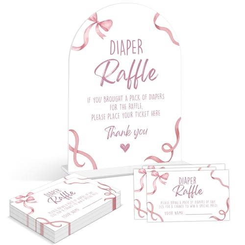 Baby Shower Games - Pink Bow Diaper Raffle, 1 Arch Acrylic Sign and 50 Diaper Raffle Tickets, Gender Reveal Game, Pink Baby Shower Decoration Supplies (PE01)
