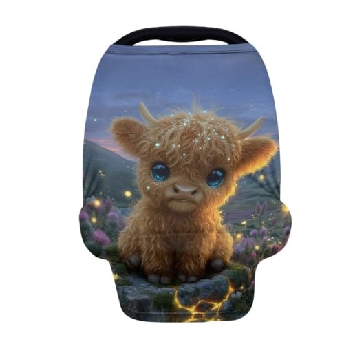 Image of Wanyint Car Seat Cover for Boys Girls, Nursing Carseat Canopy Baby Breastfeeding Cover Multi-Use Nursing Scarf Infant Stroller Cover, Highland Cow Night