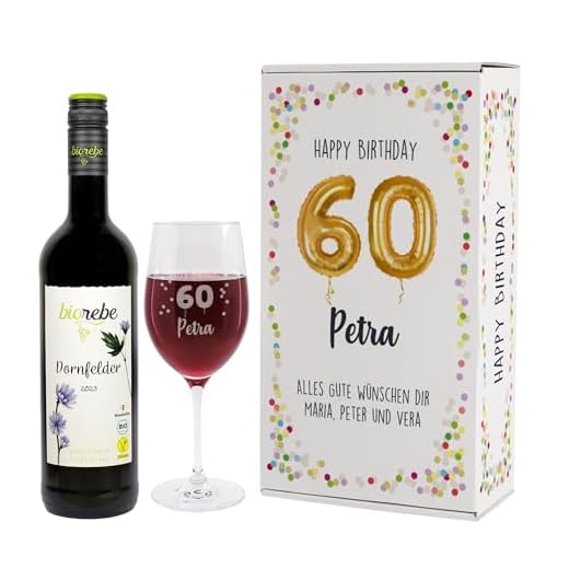 Michel Schneider Dornfelder lieblich (1 x 0.75 l) 8 Herz & Heim® Geburtstagsset mit Lieblingswein und graviertem Leonardo Weinglas in Geschenkverpackung Rosé, 60. Geburtstag