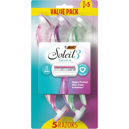 BIC Soleil 3 Sensitive Womens Disposable Razors, 5-Pack, Triple Blade | Comfort Shield and Moisture Strip for Smooth Shaving, Assorted Handle Colors, Ideal for Sensitive Skin