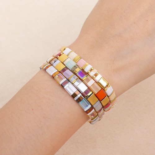 Tila Flat Beaded Bracelets Set for Women, 4Pcs Trendy Miyuki Glass Stack Beads Stretch Bracelet Outfit Accessories Jewelry Gift.2