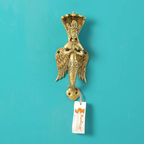 Image of Two Moustaches 8.5 Inches Nagkanya Design Brass Door Handle, Snake Lady Door Handle, Handles for Main Door, Door Pulls, Standard Size, Antique Yellow, Pack of 1