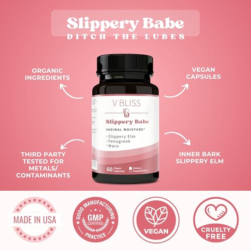 V Bliss Slippery Babe Vaginal Moisturizer Capsules | Relieves Vaginal Dryness with Organic Slippery Elm Bark, Fenugreek, & Maca | Vaginal Wetness | Once Daily, 60 Capsules