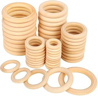 50 Pcs Natural Wood Rings, HNYYZL Unfinished Solid Wooden Rings Wood Loop Ring, for DIY Crafts Christmas Ornaments Wedding Decorations, 5 Size