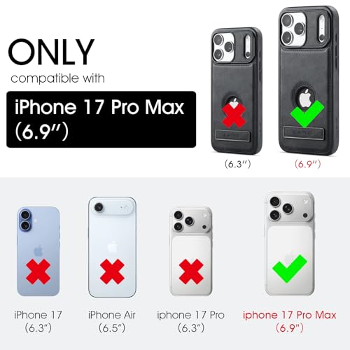 Image of Casus Designed for iPhone 17 Pro Max Case Compatible with MagSafe Kickstand Vegan Leather Classic Luxury Elegant Thin Protective Cover with Tempered Glass Screen (2025) 6.9 inch - Black