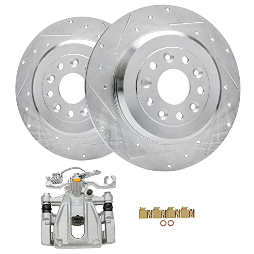 Image of Detroit Axle - 330mm Rear Drilled Rotors Left Brake Caliper Replacement for Taurus X Five Hundred Freestyle Montego Sable - 3pc Set