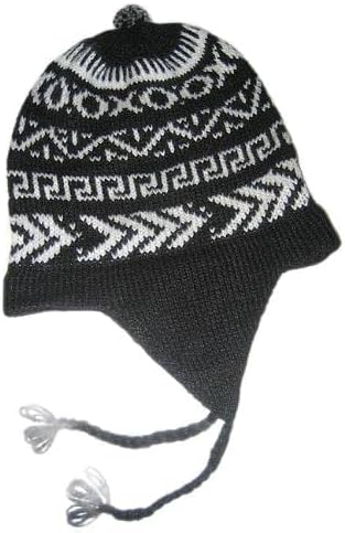 SanyorkPeruvian Chullo Black & White Ski Hat Alpaca Flap Cap Hand Made