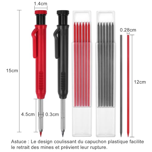 MECHEER Crayon de Charpentier avec 12 Porte Mine, Crayon Charpentier pour 45mm Trou Profond, Crayons Menuisier avec Taille-Crayons Intégré pour Bricolage Architecte Menuisier – vue 7