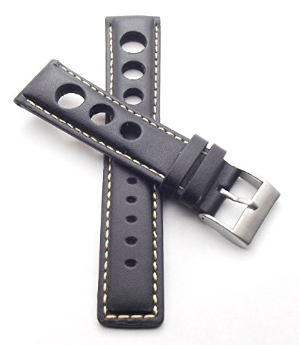 22 mm Rallye Reloj de pulsera negro, piel auténtica con perforación Racing con costura blanca Cover