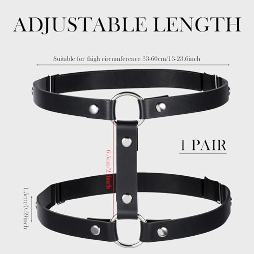 2 Rows Thigh Garters for Women, Leather Leg Harness Adjustable Garter Belt Elastic Thigh Ring Garter Punk Gothic Strap Body Chain Accessories Harness for Leg Women Fashion, Black4